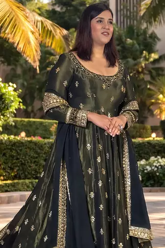 Green chinon silk anarkali gown with heavy cording embroidery & sequins work