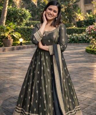 Green chinon silk anarkali gown with heavy cording embroidery & sequins work 4