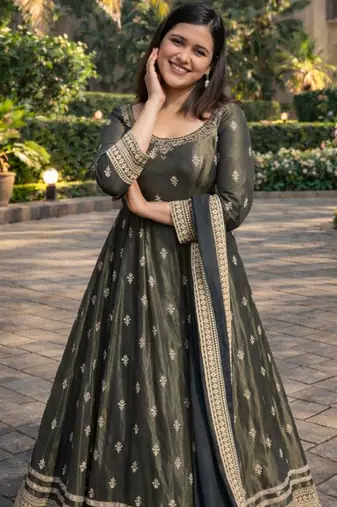 Green chinon silk anarkali gown with heavy cording embroidery & sequins work