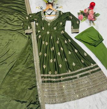 Green chinon silk anarkali gown with heavy cording embroidery & sequins work 5