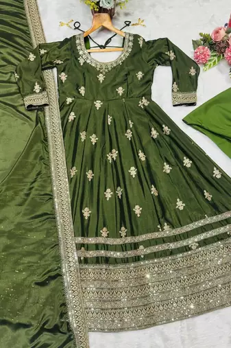 Green chinon silk anarkali gown with heavy cording embroidery & sequins work