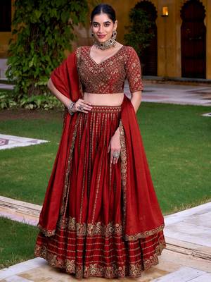 red wedding wear silk lehenga choli set with sequin work 1