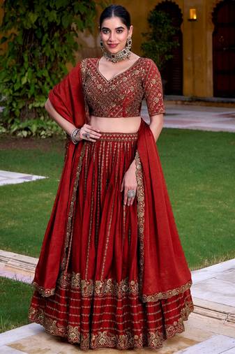 red wedding wear silk lehenga choli set with sequin work