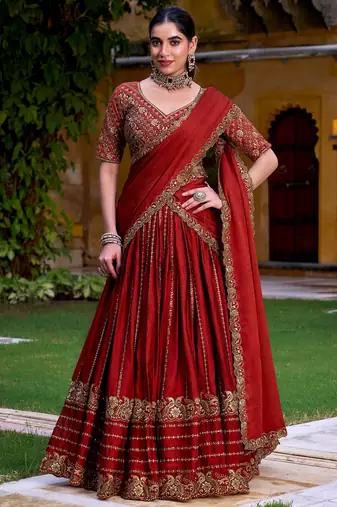 red wedding wear silk lehenga choli set with sequin work