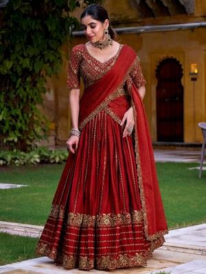 red wedding wear silk lehenga choli set with sequin work 4