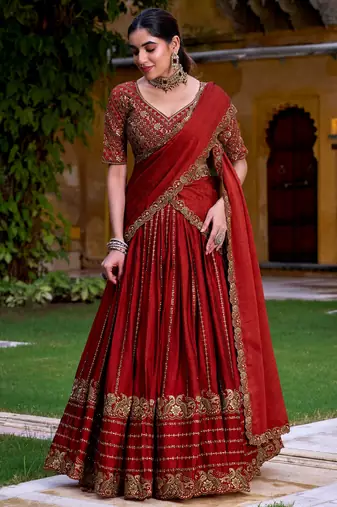 red wedding wear silk lehenga choli set with sequin work