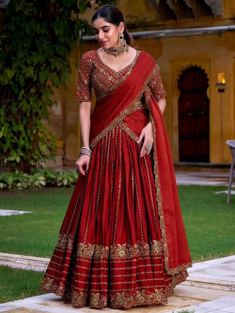 Excellent Red Sequins Silk Wedding Lehenga Choli With Dupatta