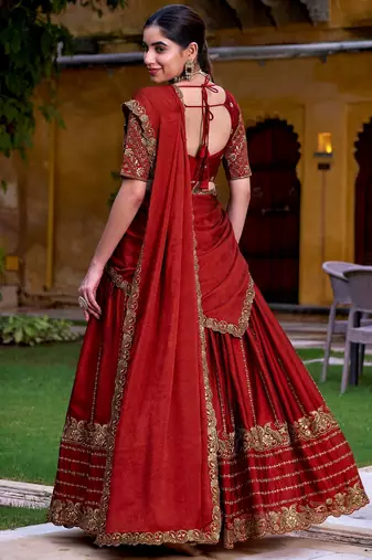 red wedding wear silk lehenga choli set with sequin work