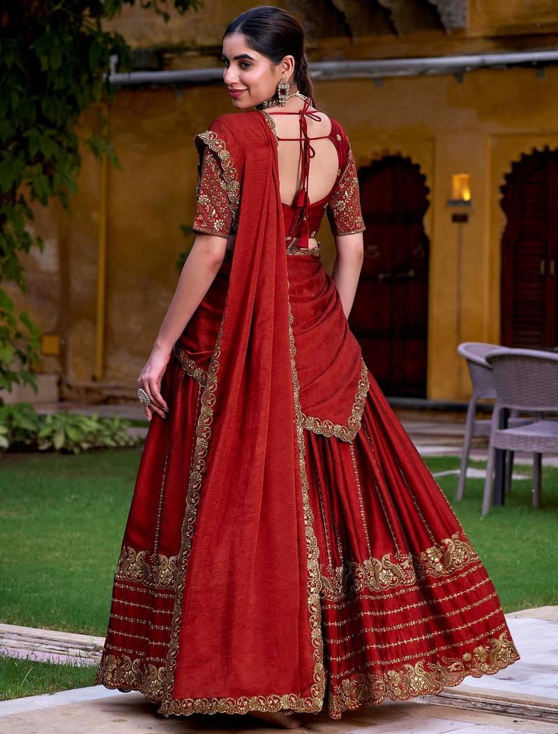 Excellent Red Sequins Silk Wedding Lehenga Choli With Dupatta