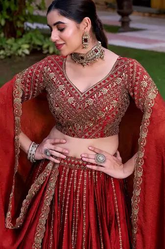 red wedding wear silk lehenga choli set with sequin work