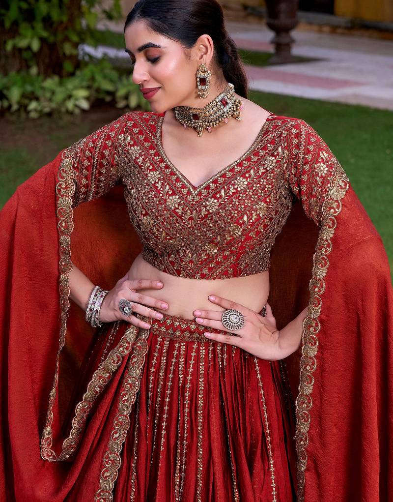 Excellent Red Sequins Silk Wedding Lehenga Choli With Dupatta