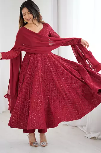 Fox georgette lukhnowi sequence work full flair anarkali suit with dupatta set