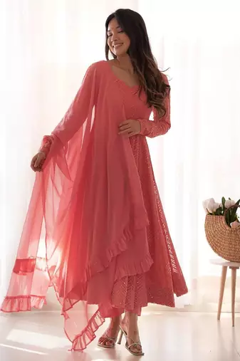 Fox georgette lukhnowi sequence work full flair anarkali suit with dupatta set