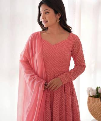 Fox georgette lukhnowi sequence work full flair anarkali suit with dupatta set 4