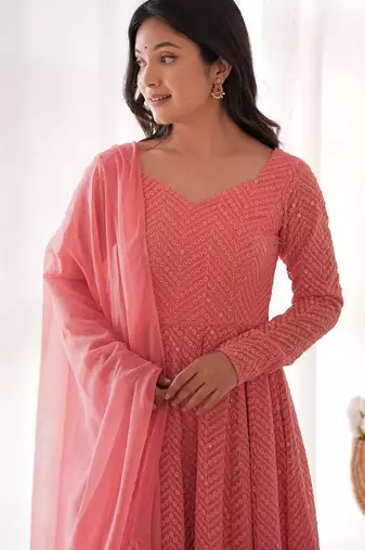 Fox georgette lukhnowi sequence work full flair anarkali suit with dupatta set