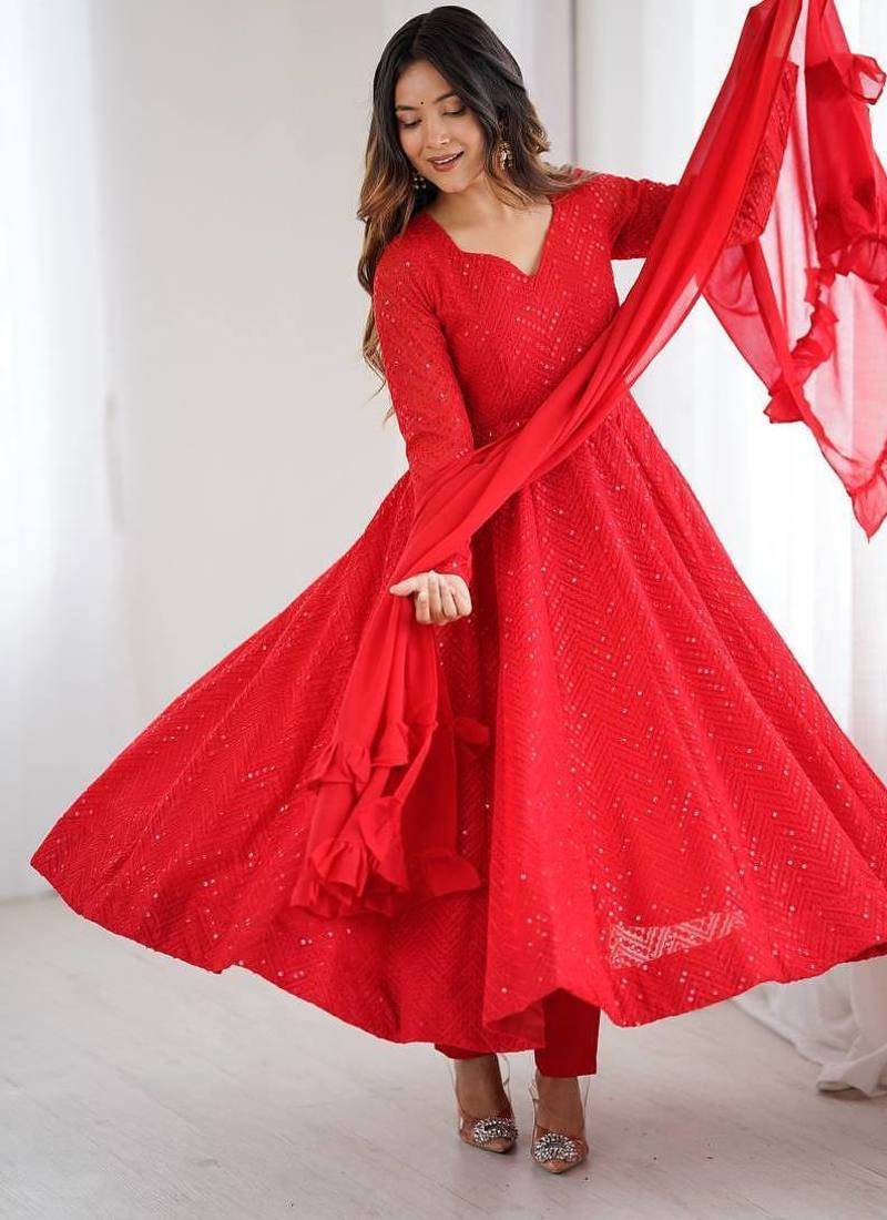 Fox georgette lukhnowi sequence work full flair anarkali suit with dupatta set