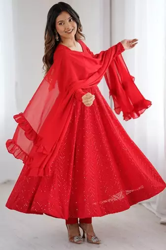 Fox georgette lukhnowi sequence work full flair anarkali suit with dupatta set