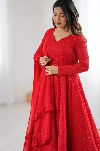 Fox georgette lukhnowi sequence work full flair anarkali suit with dupatta set
