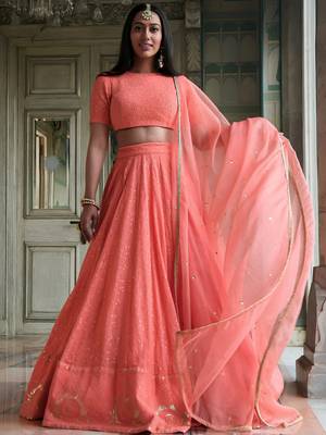 peach thread embroidered georgette bridesmaid lehenga choli 1