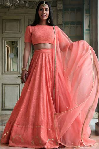 peach thread embroidered georgette bridesmaid lehenga choli