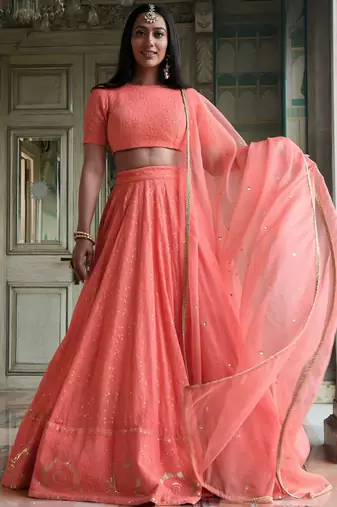 peach thread embroidered georgette bridesmaid lehenga choli