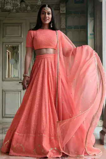 Amazing Peach Thread Embroidered Monochrome Bridesmaid Lehenga Choli