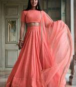 peach thread embroidered georgette bridesmaid lehenga choli
