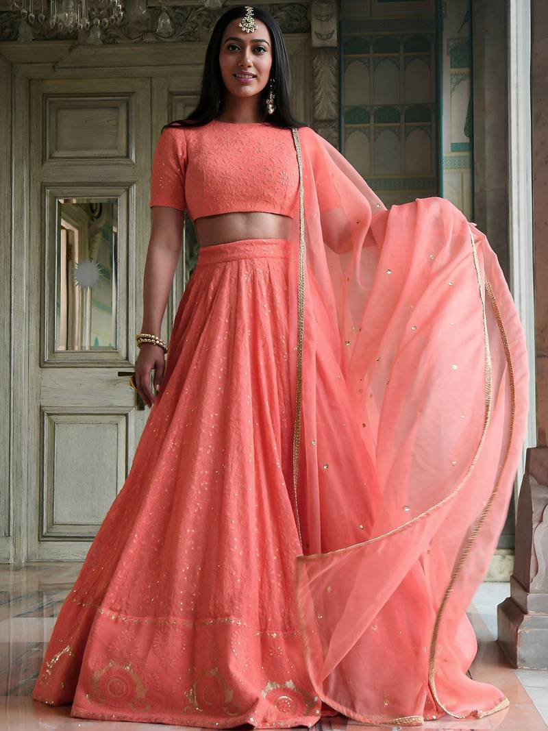 peach thread embroidered georgette bridesmaid lehenga choli