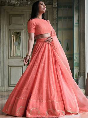 peach thread embroidered georgette bridesmaid lehenga choli 3