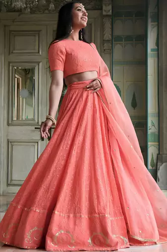 peach thread embroidered georgette bridesmaid lehenga choli