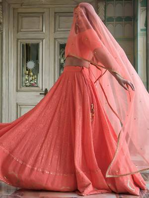 peach thread embroidered georgette bridesmaid lehenga choli 4