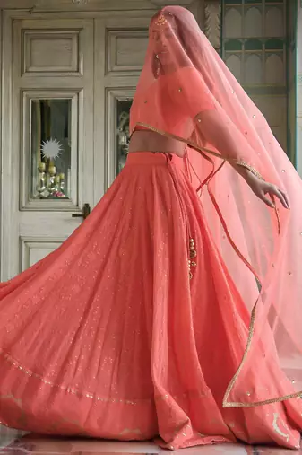 peach thread embroidered georgette bridesmaid lehenga choli