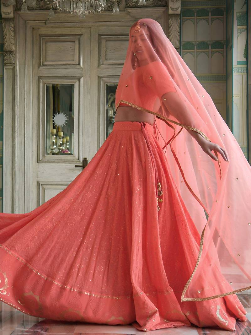 Amazing Peach Thread Embroidered Monochrome Bridesmaid Lehenga Choli