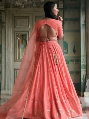peach thread embroidered georgette bridesmaid lehenga choli 5