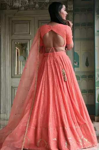 peach thread embroidered georgette bridesmaid lehenga choli
