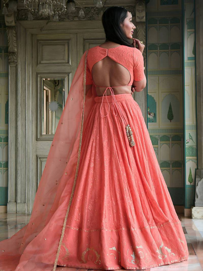Amazing Peach Thread Embroidered Monochrome Bridesmaid Lehenga Choli