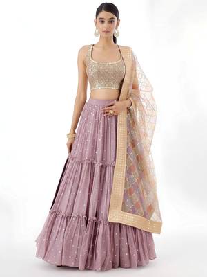 dusty pink georgette zari work party wear lehenga choli set 1