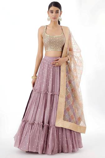 Beautiful Dusty Pink Zari Work Georgette Party Wear Lehenga Choli