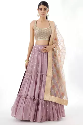 Beautiful Dusty Pink Zari Work Georgette Party Wear Lehenga Choli