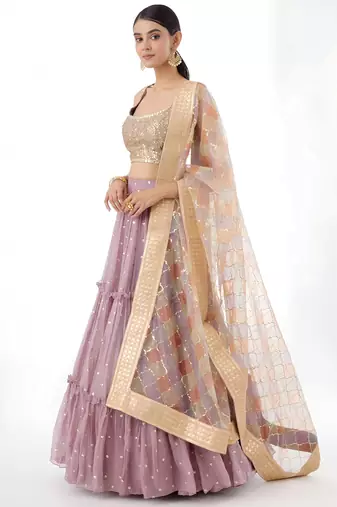 dusty pink georgette zari work party wear lehenga choli set