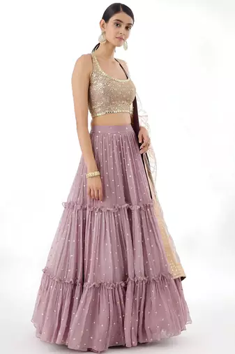 dusty pink georgette zari work party wear lehenga choli set