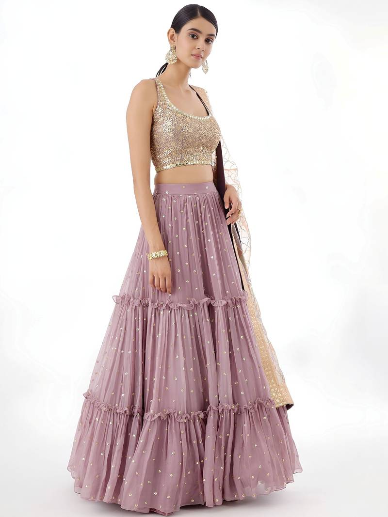 Beautiful Dusty Pink Zari Work Georgette Party Wear Lehenga Choli