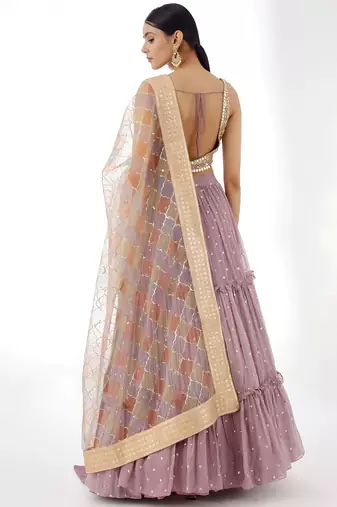 dusty pink georgette zari work party wear lehenga choli set