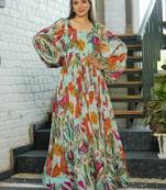 Multi color heavy air tex chinon silk digital print designer gown