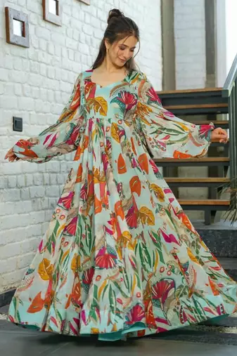 Multi color heavy air tex chinon silk digital print designer gown