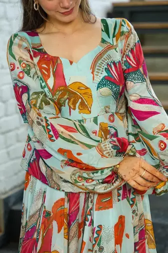 Multi color heavy air tex chinon silk digital print designer gown