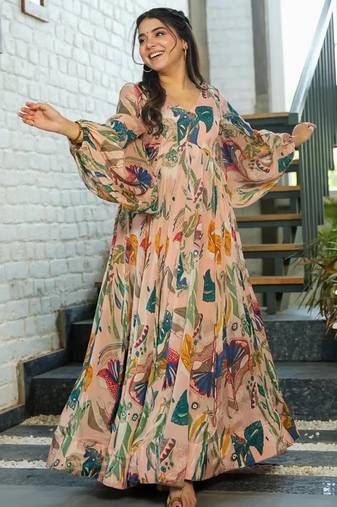 Multi color heavy air tex chinon silk digital print designer gown