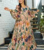 Multi color heavy air tex chinon silk digital print designer gown