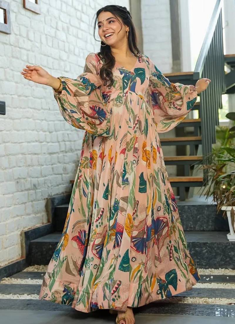 Multi color heavy air tex chinon silk digital print designer gown