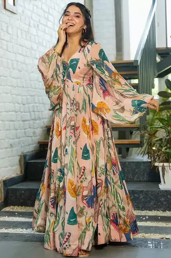 Multi color heavy air tex chinon silk digital print designer gown